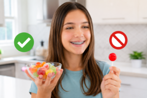 Teen girl with braces holding a bowl of soft candy and a lollipop, showing safe and unsafe candy choices for braces.