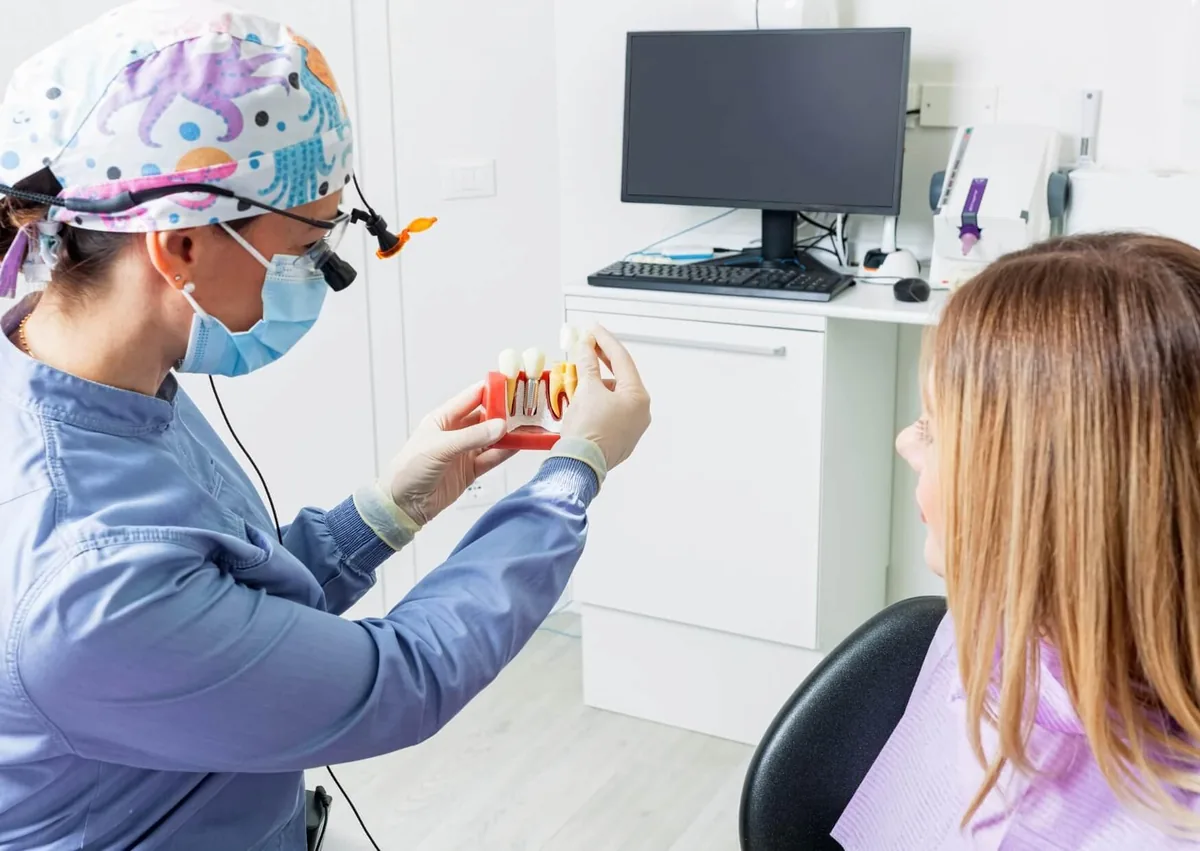 Dentist discussing tooth implant lifespan and long-term care with a patient using a dental implant model.