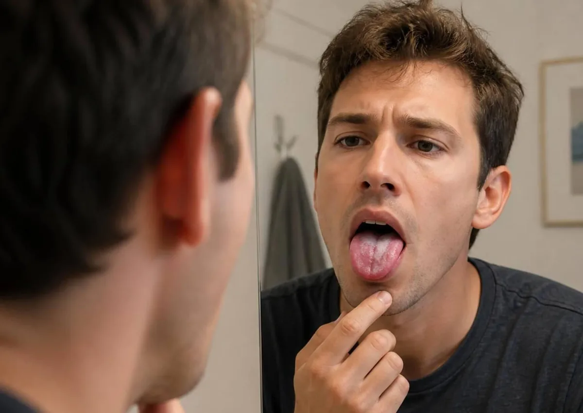 Man examining white patches on his tongue that may be signs of oral thrush.