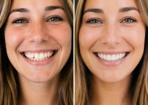 Before-and-after smile makeover showing improvements in tooth color, shape, and overall smile appearance.