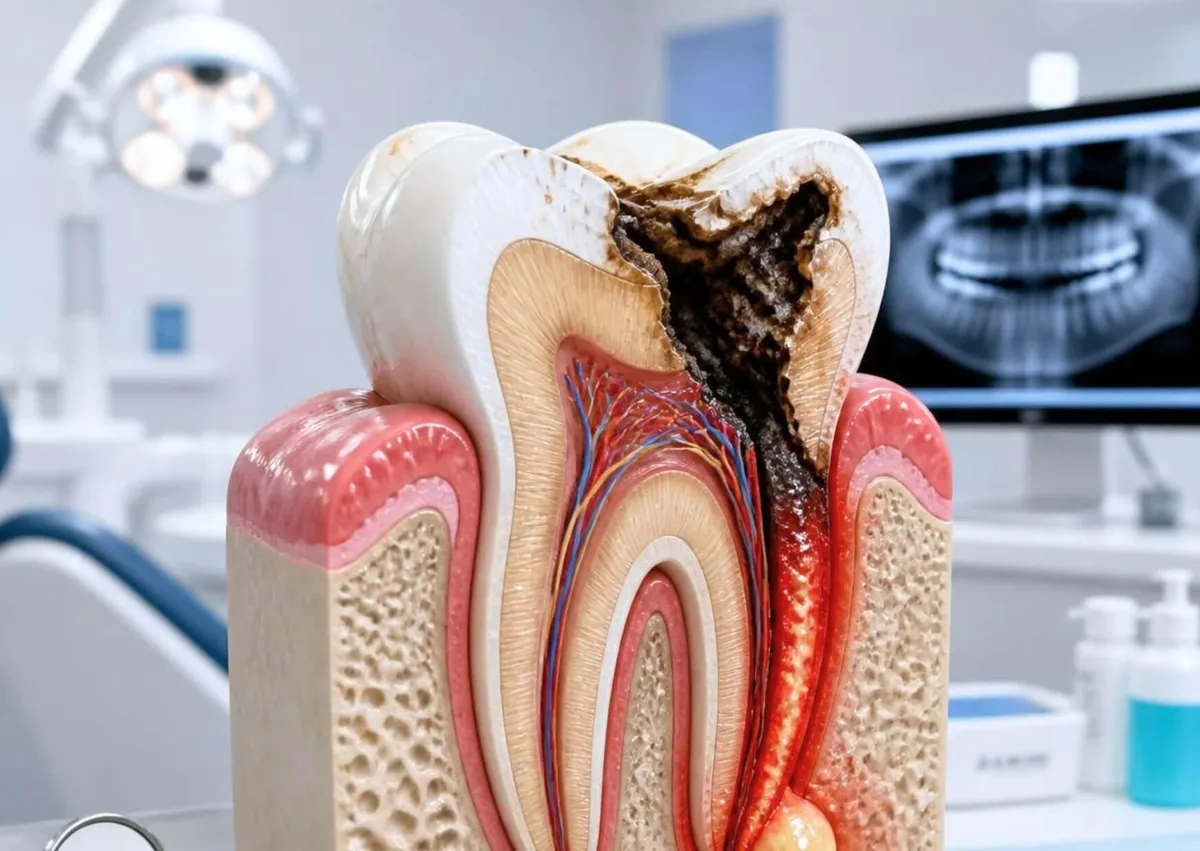 Cross-section of a tooth showing dark decay and damage to illustrate what a cavity can look like.